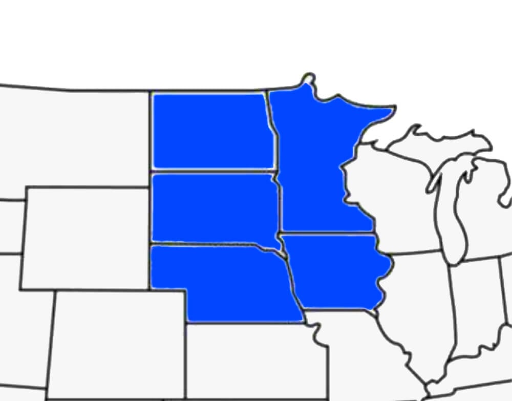 Map of Equipt Truck's Territory: Nebraska, Iowa, South Dakota, Minnesota, & North Dakota
